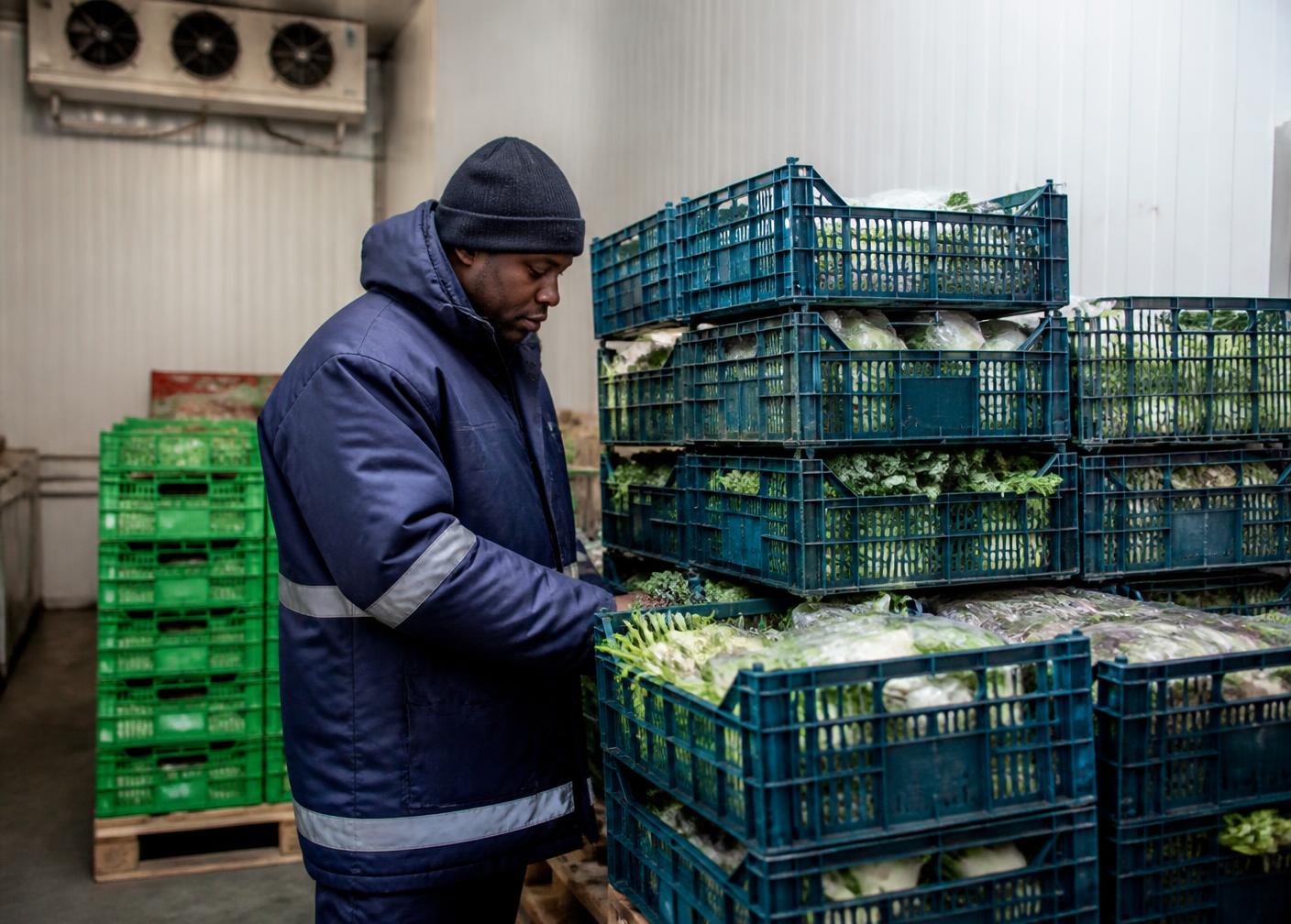 A worker checking crates of produce inside a cold store.