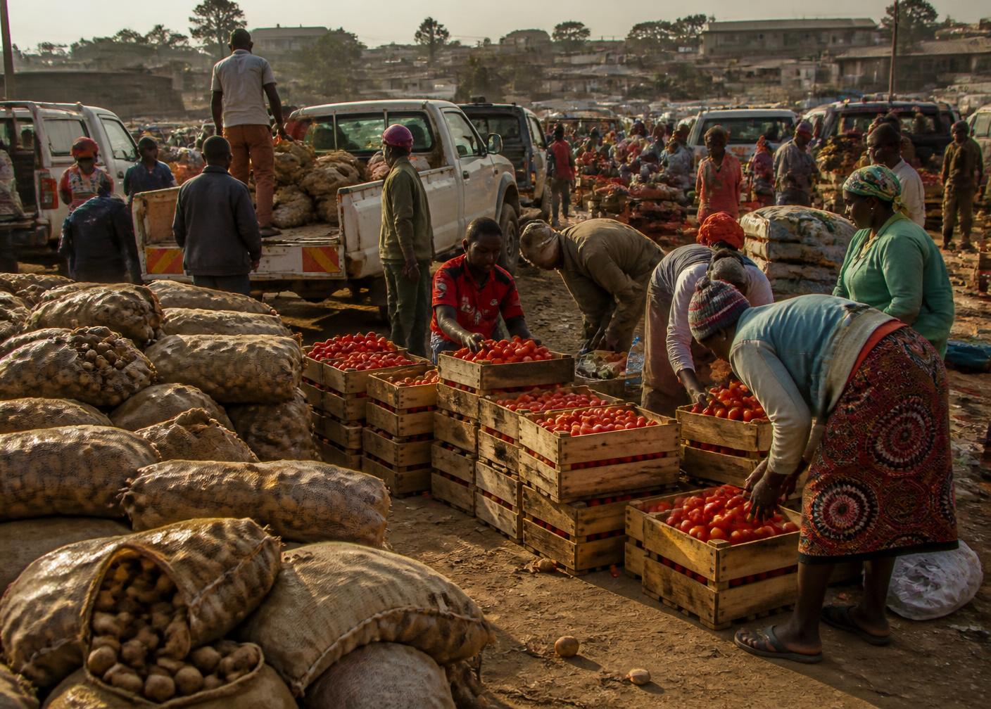 Traders loading crates of produce at a Kenyan market at dawn.