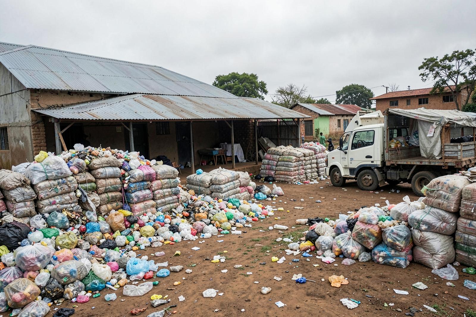 A materials sorting and processing yard on the edge of a Kenyan town.