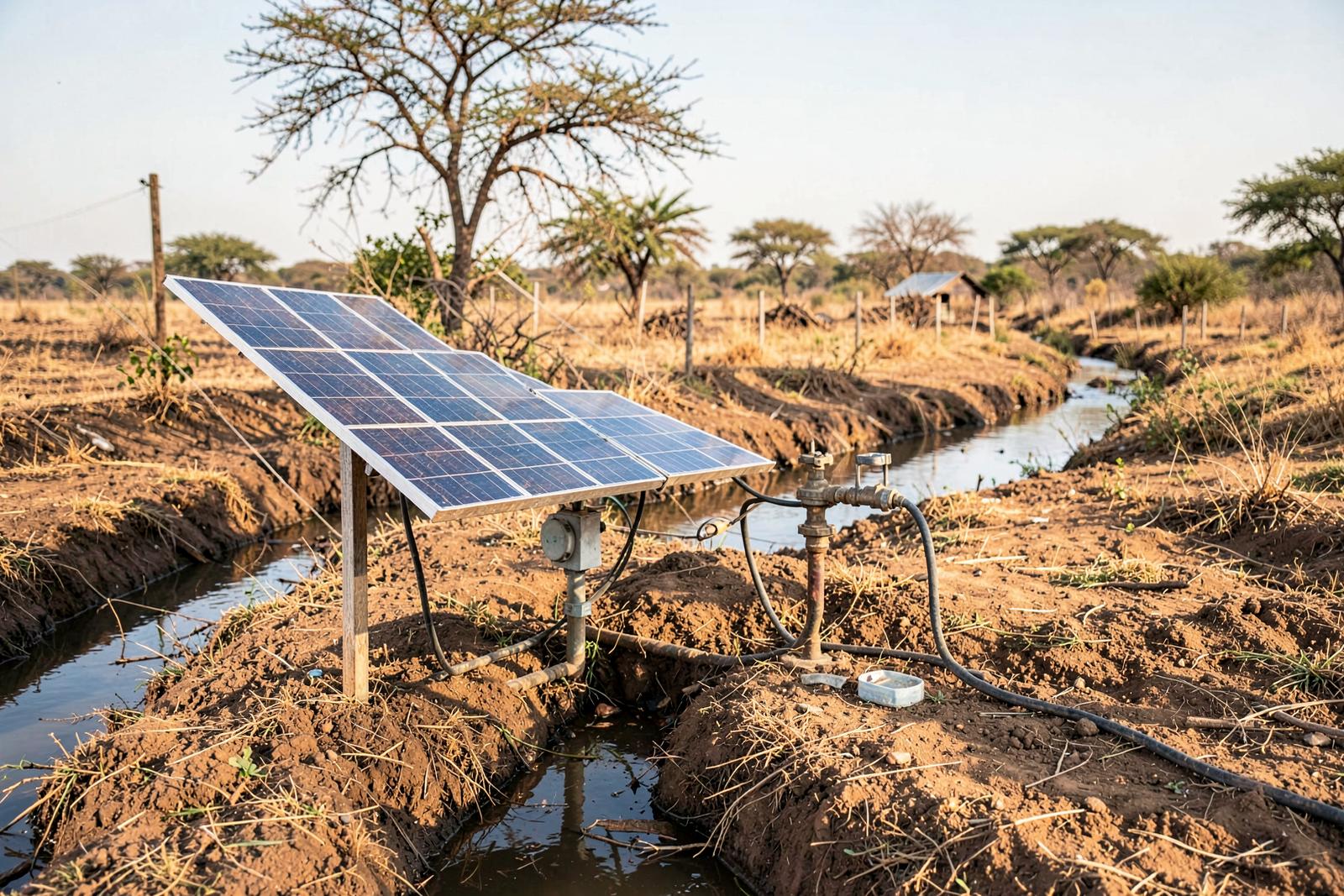 A small solar array powering an irrigation pump beside a Kenyan farm.